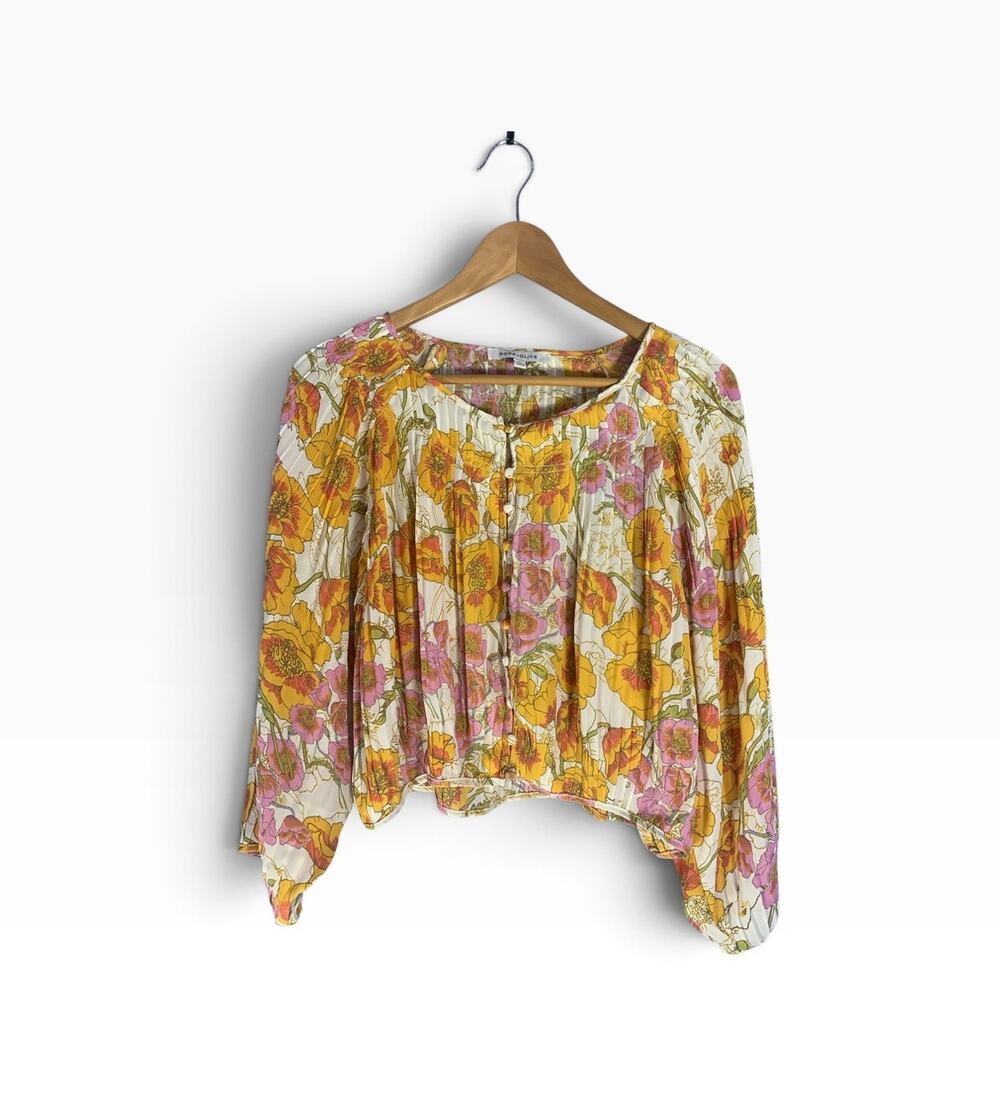 Rose & Olive Floral Button Front Blouse Boho Long Sleeve Yellow Pink Top Size M